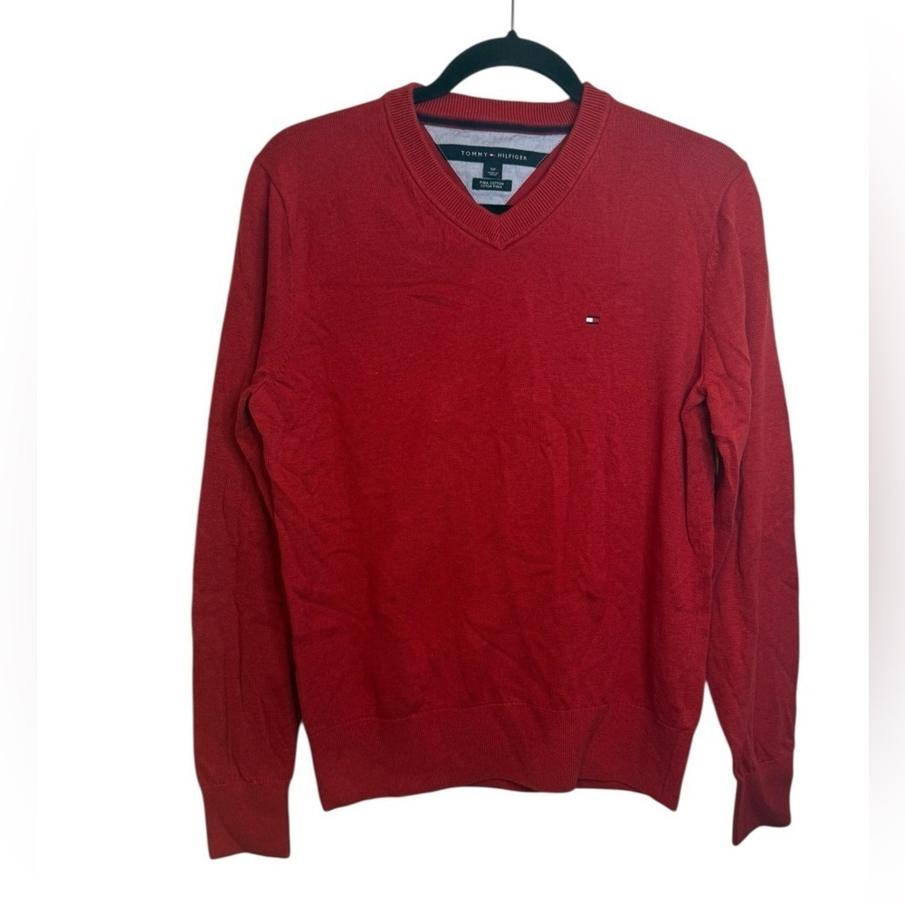 Tommy Hilfiger Classic Red Pima Cotton V-Neck Sweater